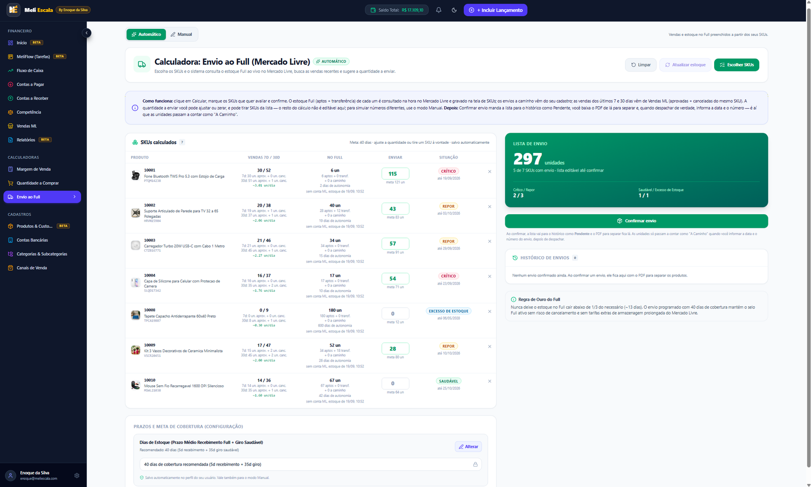 Tela Calculadora Full do Meli Escala: quantas unidades de cada produto mandar para o Full do Mercado Livre, com base no que realmente vende